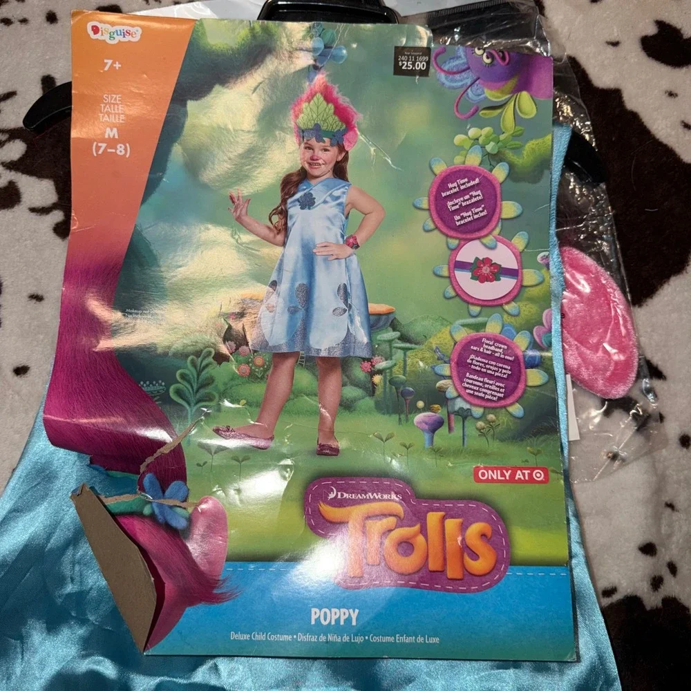 Disguise Trolls Poppy Costume Kids M 7-8 Blue Glitter Deluxe Dress Up Halloween
